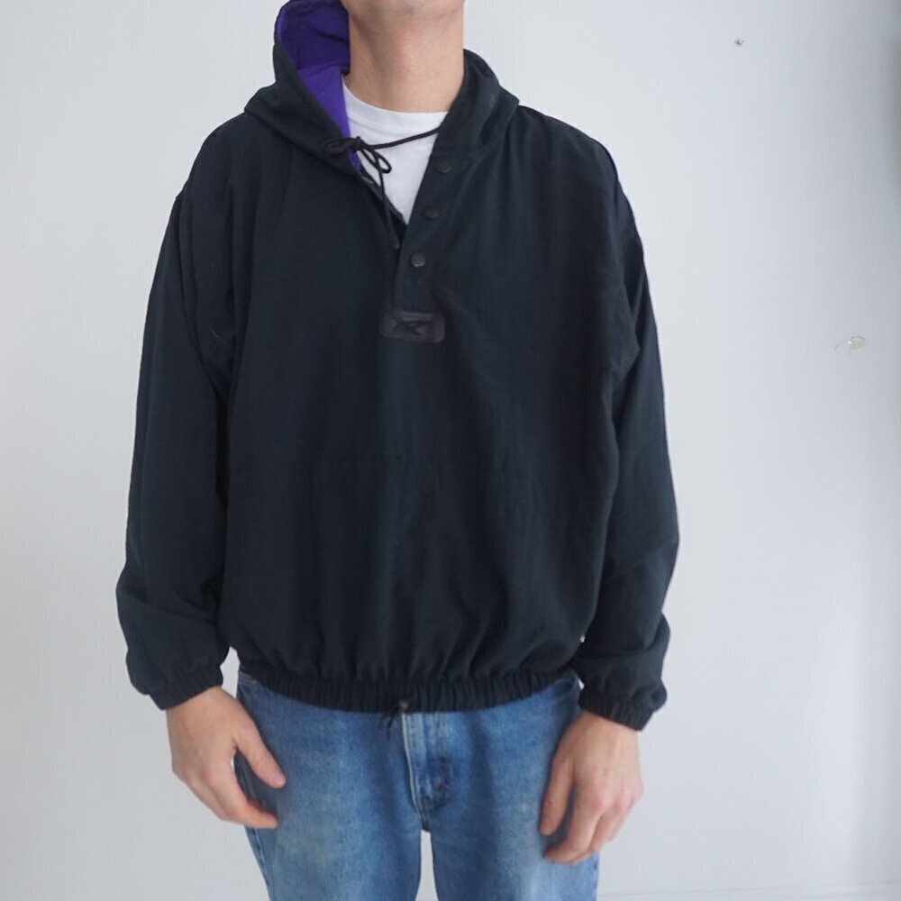 Vintage '90S Asics Black Purple Nylon Hooded Pullover Windbreaker Jacket Large